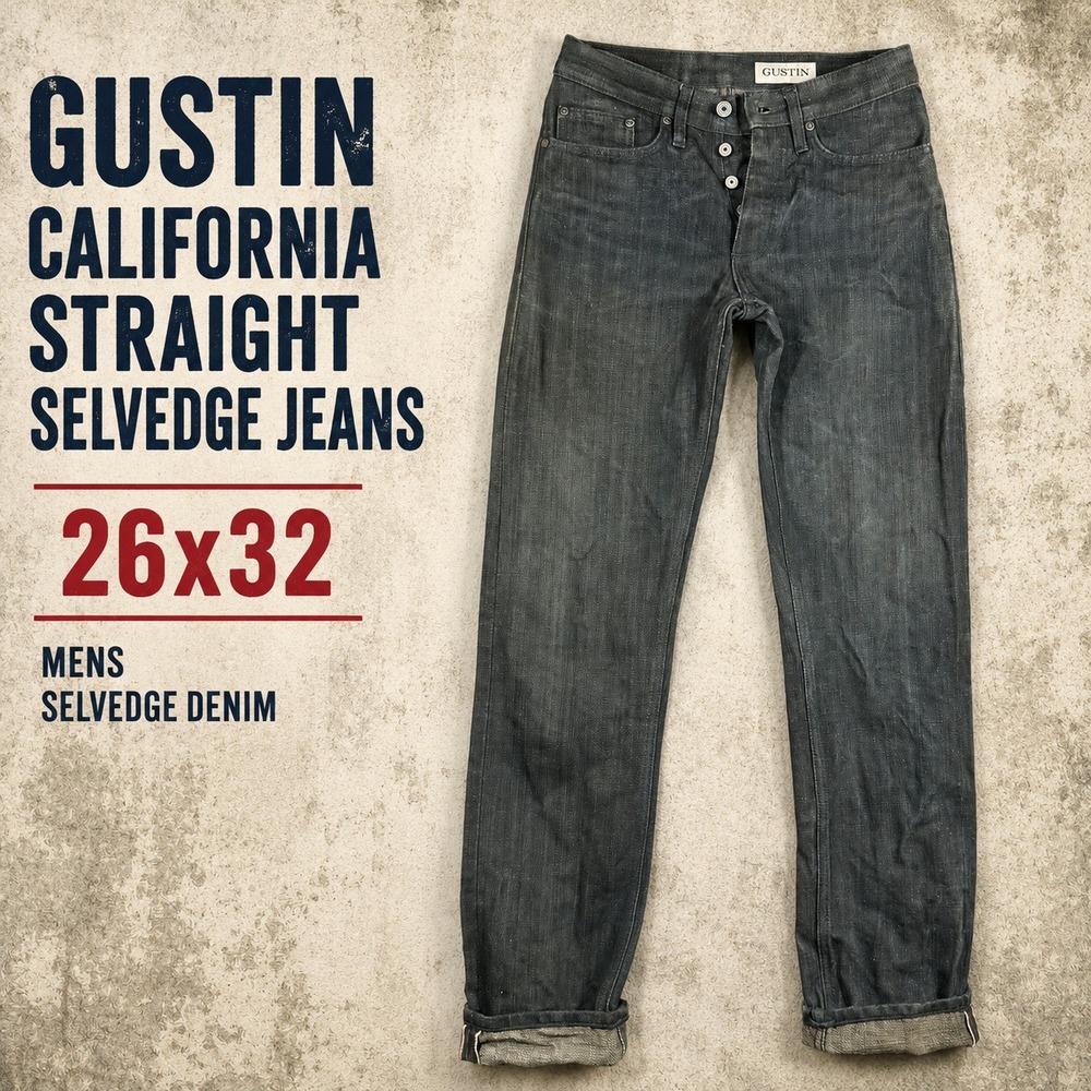 Gustin California‎ Straight Raw Selvedge Neppy Denim Jeans Gray Blue Mens 26x32